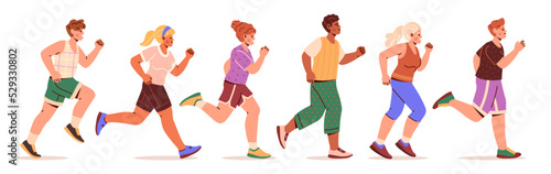 Marathon Race concept. Young men and women in sportswear run or do sports. Jogging in park. Active lifestyle or physical exercises. Cartoon flat vector illustration set isolated on white background
