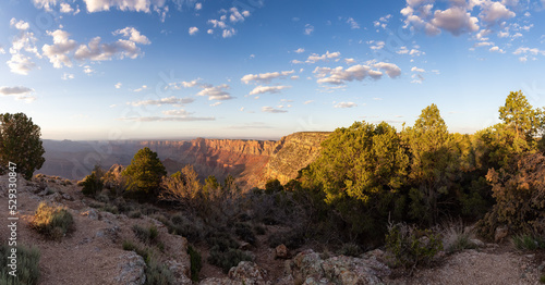 Desert Rocky Mountain American Landscape. Cloudy Sunny Sky. Grand Canyon National Park, Arizona, United States. Nature Background Panorama
