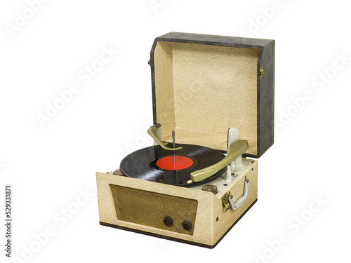Foto Vintage record player box with vinyl album isolated.