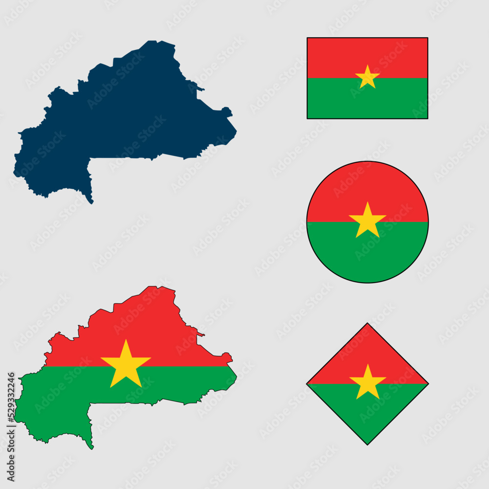 Vector of Burkina Faso country outline silhouette with flag set isolated on white background. Collection of Burkina Faso flag icons with square, circle, rectangle and map shapes. Vector of Burkina Faso country outline silhouette with flag set isolated on white background. Collection of Burkina Faso flag icons with square, circle, rectangle and map shapes.