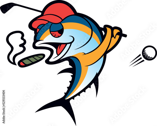 Photography A Cartoon Tuna Playing Golf with Stoned Eyes and Smoking Cigar