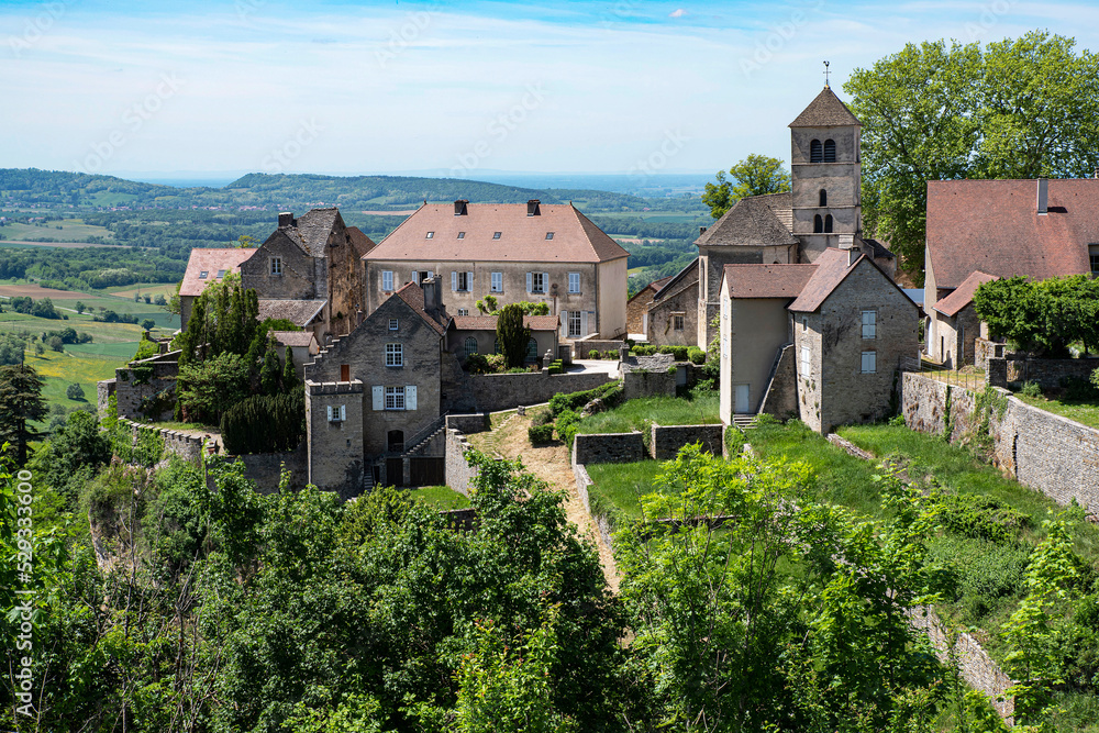 Perched village of Château Chalon in the Jura in France, terraced culture