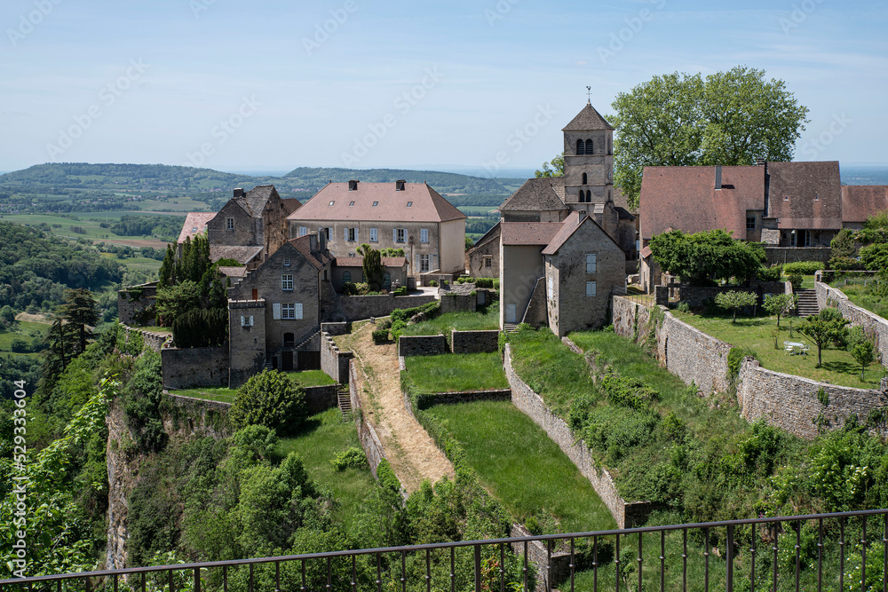 Perched village of Château Chalon in the Jura in France, terraced culture