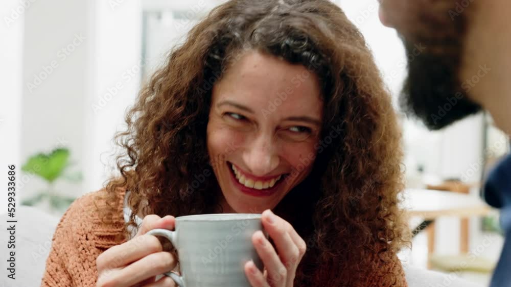 Love, laugh and coffee during talking communication in a happy marriage between couple with a close bond. Smile of woman talking to her man to relax and show commitment and flirting in a relationship Love, laugh and coffee during talking communication in a happy marriage between couple with a close bond. Smile of woman talking to her man to relax and show commitment and flirting in a relationship