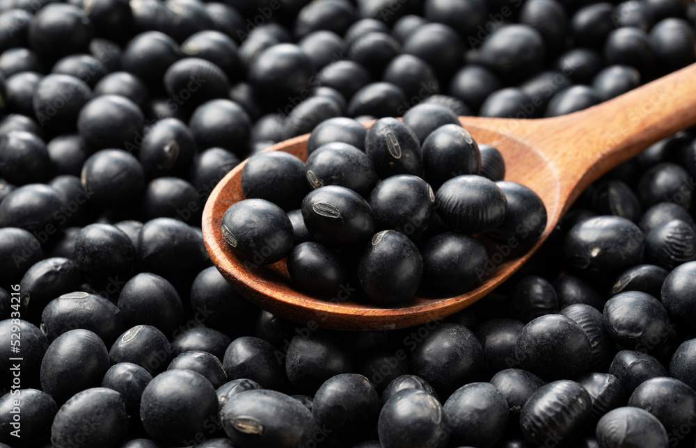 Black soybeans placed all over the screen with a wooden spoon on top of them. Black soybeans placed all over the screen with a wooden spoon on top of them.