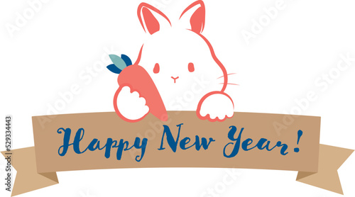 Label of a rabbit holding a carrot and a ribbon