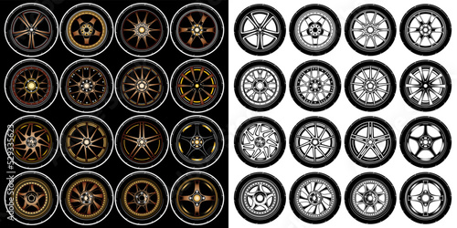 Set of car wheel, rubber tyre, truck wheel element illustration. 3D illustration of rims car collections. Vector eps 10.