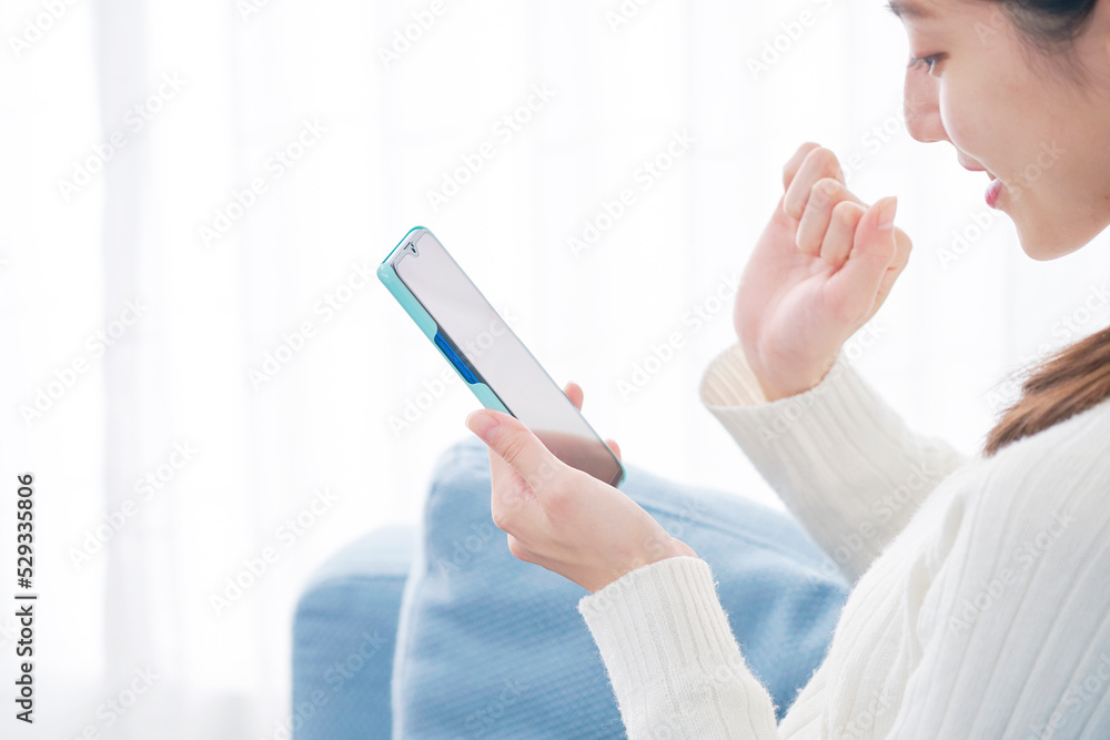 リビングでスマホを使う女性 リビングでスマホを使う女性