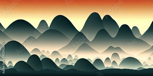 China karst limestone landscape with river, forest and mountains, Chinese illustration scene photo
