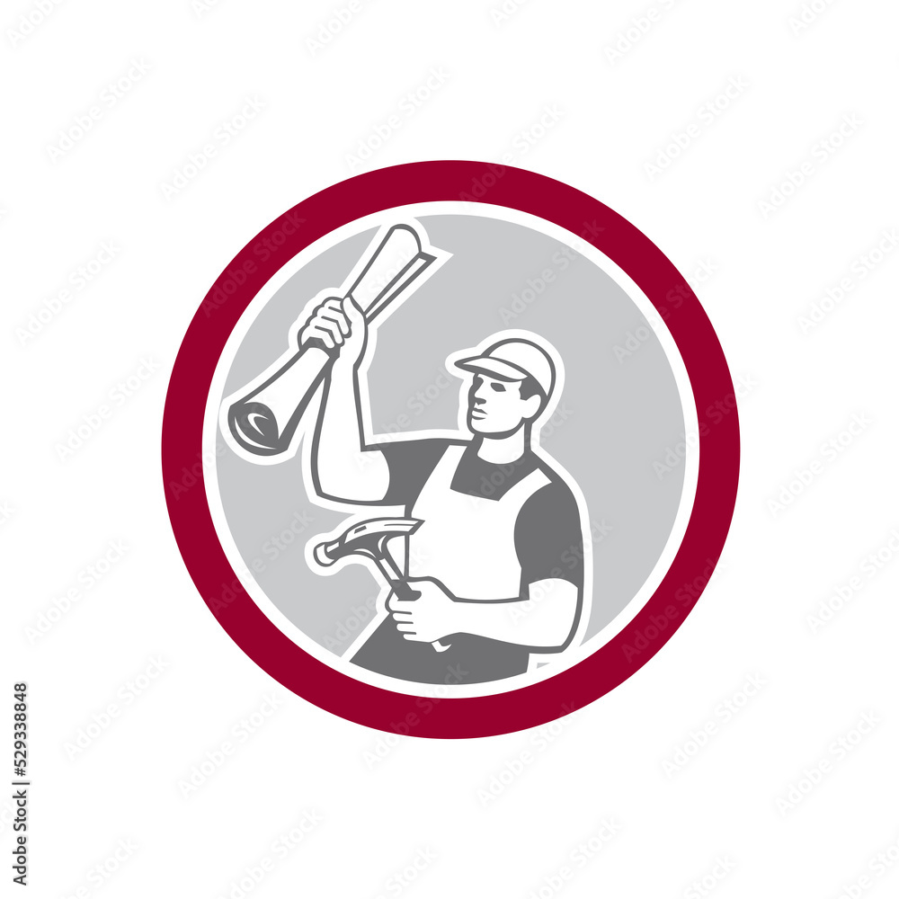 Builder Carpenter Holding Hammer Building Plan Retro Builder Carpenter Holding Hammer Building Plan Retro