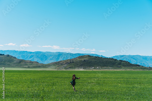 Girl in green dress with hat in her hands walks along feather grass field © Anastassiya 