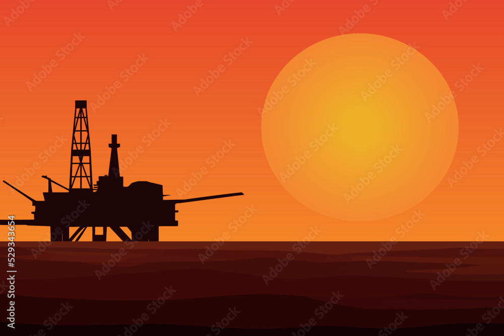 Offshore oil platform at sunset.