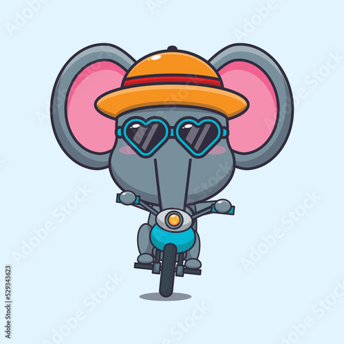 Cool elephant with sunglasses riding a motocycle in summer day.