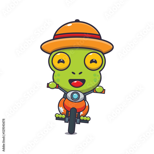 Cool frog riding a motocycle in summer day.