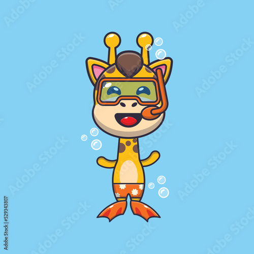 Cute giraffe diving cartoon mascot character illustration.