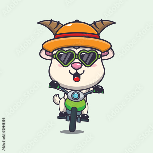 Cool goat with sunglasses riding a motocycle in summer day.