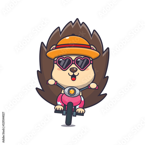 Cool hedgehog with sunglasses riding a motocycle in summer day.