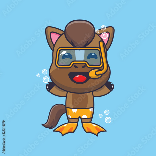Cute horse diving cartoon mascot character illustration.