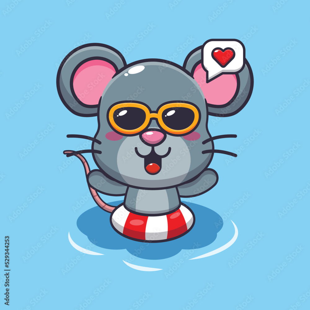 Cute mouse in sunglasses swimming on beach cartoon illustration.