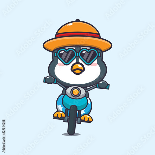 Cool penguin with sunglasses riding a motocycle in summer day.
