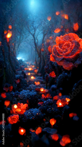 Fantasy fairy tale background with forest and blooming pink roses flower on the ground. Fabulous fairytale outdoor garden and moonlight background. 3D rendering image.