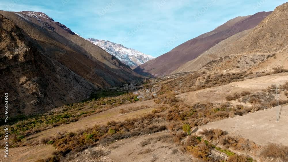 Aerial view of Mountainous valley with snow capped mountain peak in Background Aerial view of Mountainous valley with snow capped mountain peak in Background