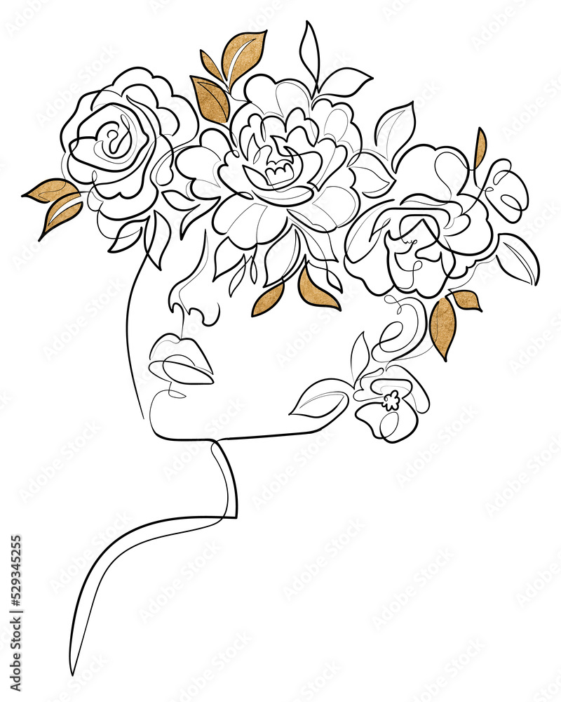 One line drawing woman face with flowers and leaves on her head ...