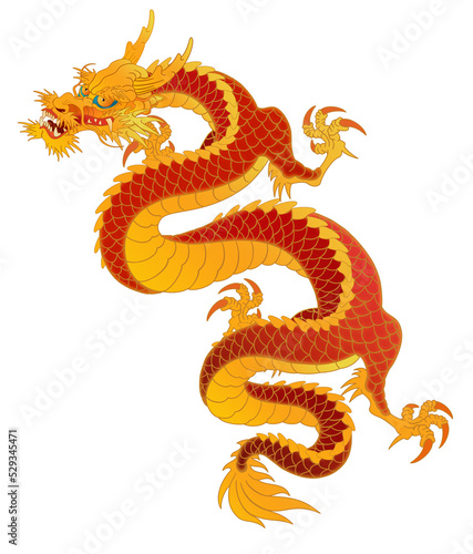 Oriental dragon color illustration Chinese Japanese Korean style Ascending Long Dragon Dark Red and Gold © pil