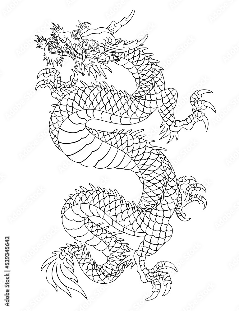 Oriental dragon illustration Chinese Japanese Korean style transparent background and ascending long dragon line