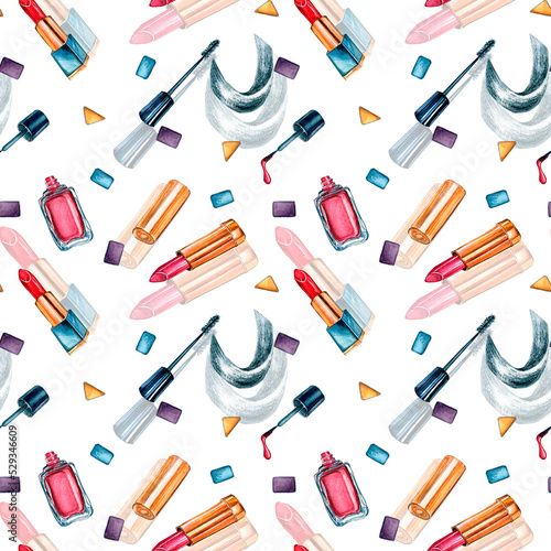 Beauty products watercolor seamless pattern isolated on white background