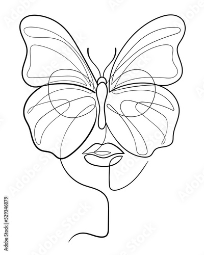 One line drawing woman face with butterfly covering her eyes. Minimalist art, elegant female portrait. Continuous line vector illustration