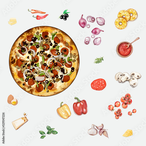 Watercolor illustration of the pizza and ingredients illustration set. Hand drawn fast Italian food isolated on the white background.