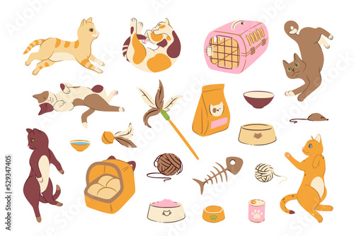 Cat poses doodle set with toys and food. Cats bowls, teasers, carrier and other accesories. Cute vector illustration