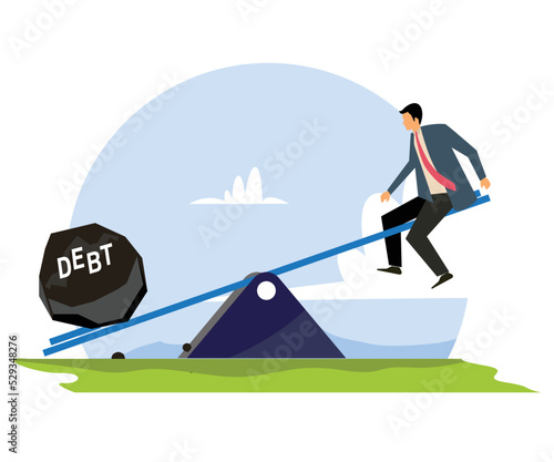 Business man seating on seesaw with debt rock, business loss vector illustration