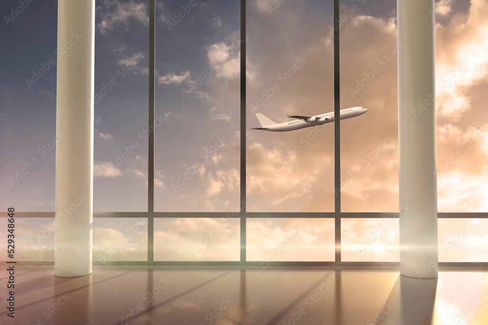 Fototapeta premium Airplane flying past window at sunrise