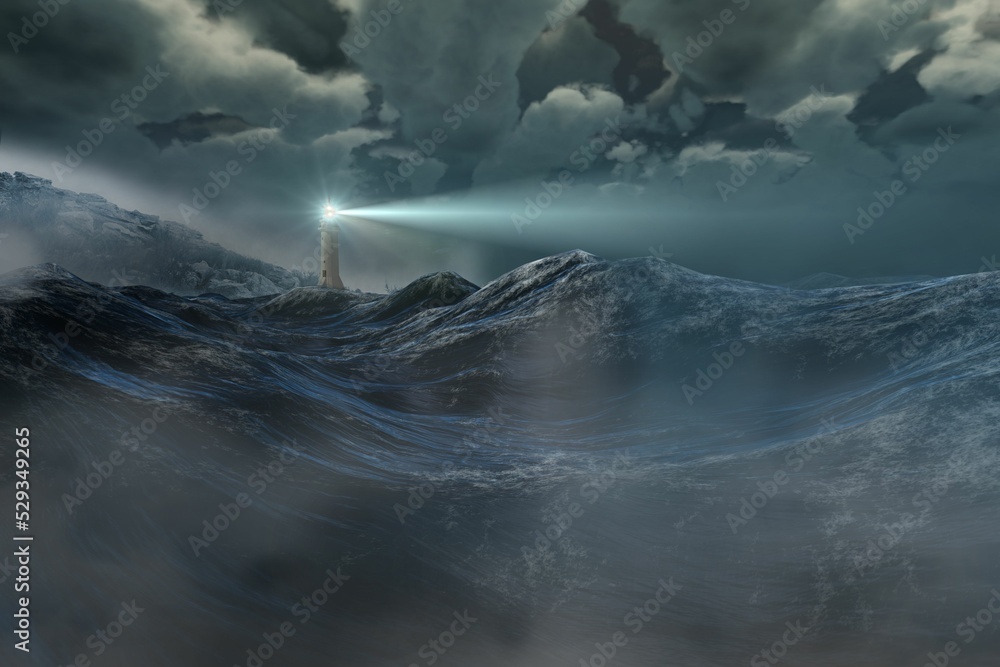Stormy sea with lighthouse - obrazy, fototapety, plakaty 