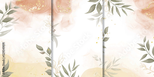 Set of Elegant Wedding Invitation Design with Watercolor and Greenery Leaves