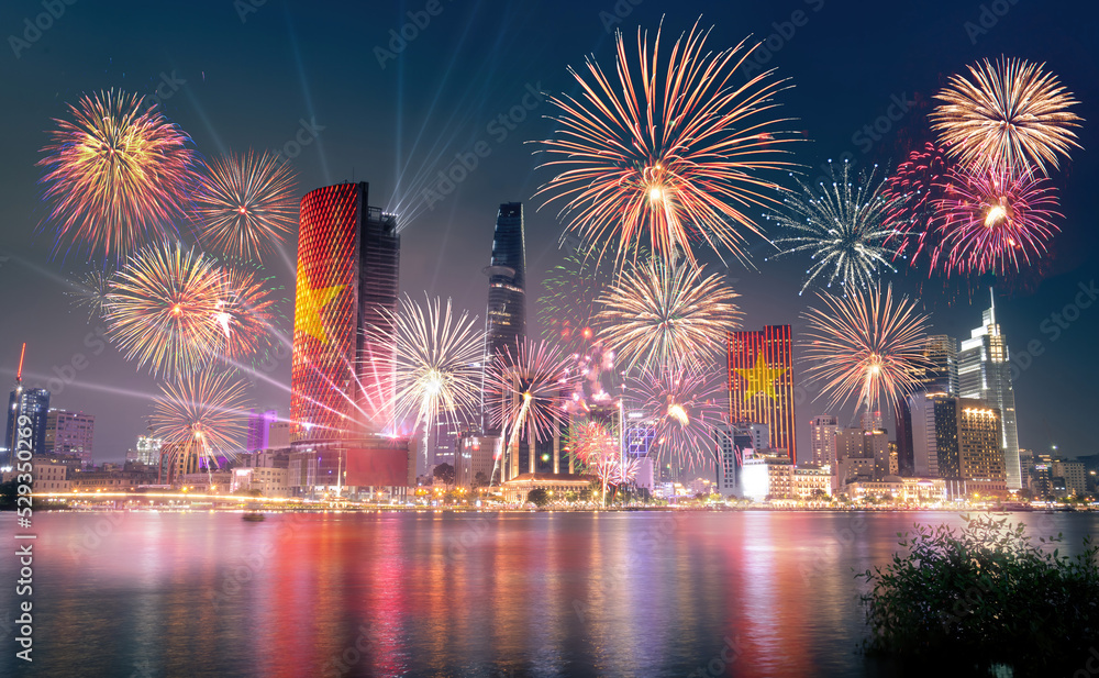 custom made wallpaper toronto digitalCelebration. Skyline with fireworks light up sky over business district in Ho Chi Minh City ( Saigon ), Vietnam. Beautiful night view cityscape. Holidays, independence day, New Year and Tet holiday
