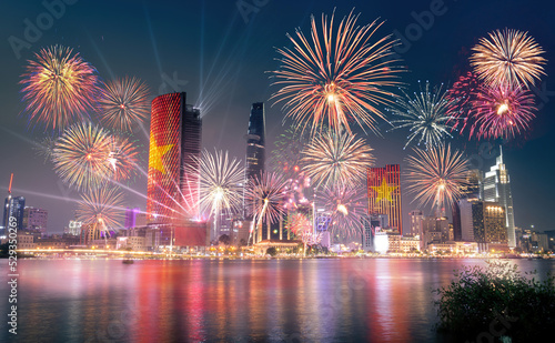 Wallpaper Mural Celebration. Skyline with fireworks light up sky over business district in Ho Chi Minh City ( Saigon ), Vietnam. Beautiful night view cityscape. Holidays, independence day, New Year and Tet holiday Torontodigital.ca