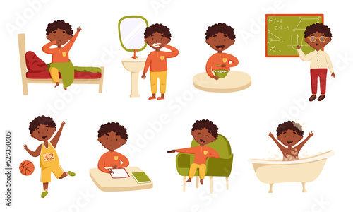 Set of daily cute african black boy vector illustration. Boy wake up, brushing teeth, breakfast, learning at school, taking a bath, sleep. Daily routine. Schedule. Isolated on a white background