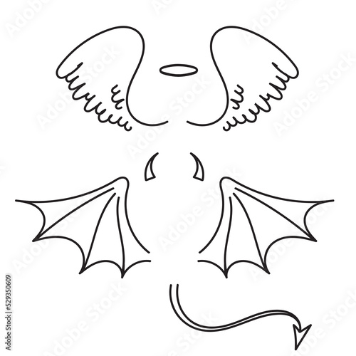 hand drawn doodle angel and demon wings illustration vector