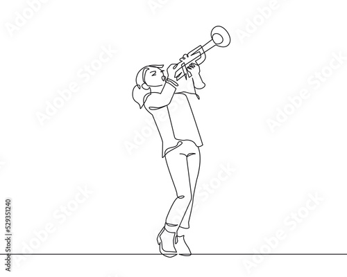 Female Trumpeter Continuous Line Drawing. Music Concept Minimalist Trendy Illustration. Girl Plays the Trumpet One Line Drawing for Wall Art, Print, Social Media, Poster, Branding Design. Vector EPS 