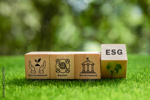 ESG concept of environmental, social and governance. Sustainable and ethical business. wooden cube with text 