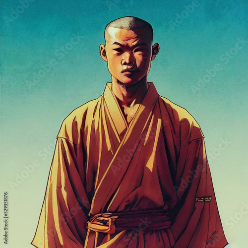 Fototapet Shaolin monk portrait, cover page design, digital illustration