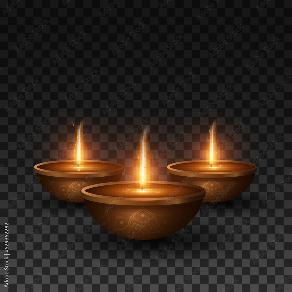 Traditional Diya lamps with pattern isolated on transparent background for Diwali festival of light. Burning flame with particles. 3D vector illustration Traditional Diya lamps with pattern isolated on transparent background for Diwali festival of light. Burning flame with particles. 3D vector illustration