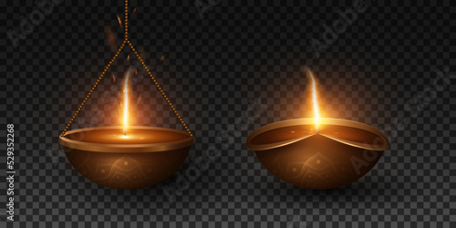 Traditional Diya lamps with pattern isolated on transparent background for Diwali festival of light. Burning flame with fire dust. 3D vector illustration
