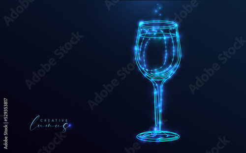 Starry glass on deep blue background. Silhouette of wine or champagne glass with stars, light dots, light globes and blue neon. Constellation style, futuristic, modern.