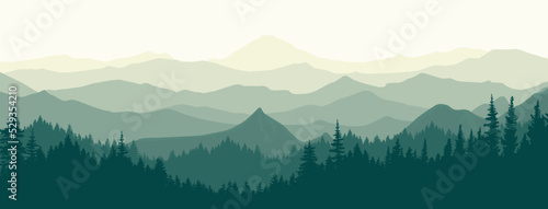 Vector illustration of a beautiful mountain and forest landscape.