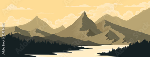 Vector illustration of a beautiful landscape with a lake. in the morning and evening.