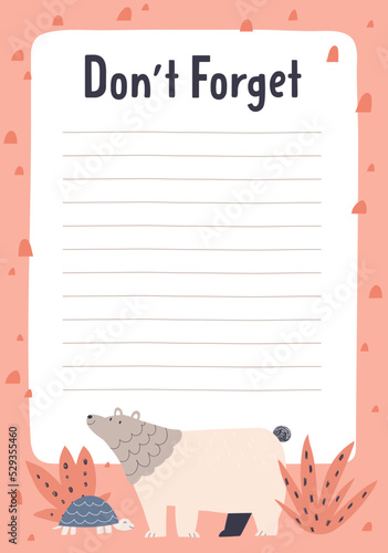 Cute diary page template with Scandinavian animals and line on blank backgrou...